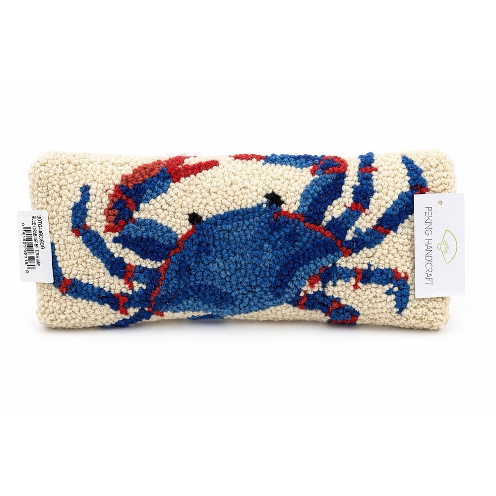 Peking Handicraft Blue Crab Hooked Wool Lumbar Throw Pillow 12x5 NWT